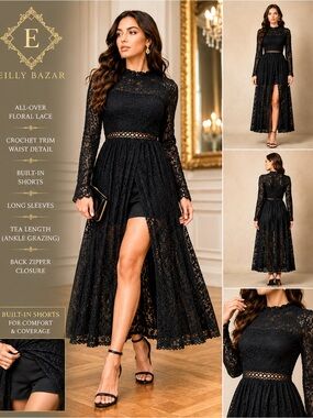 Eilly Bazar Black Lace Maxi Skort Dress S Long Sleeve Slit Overlay Whimsigoth